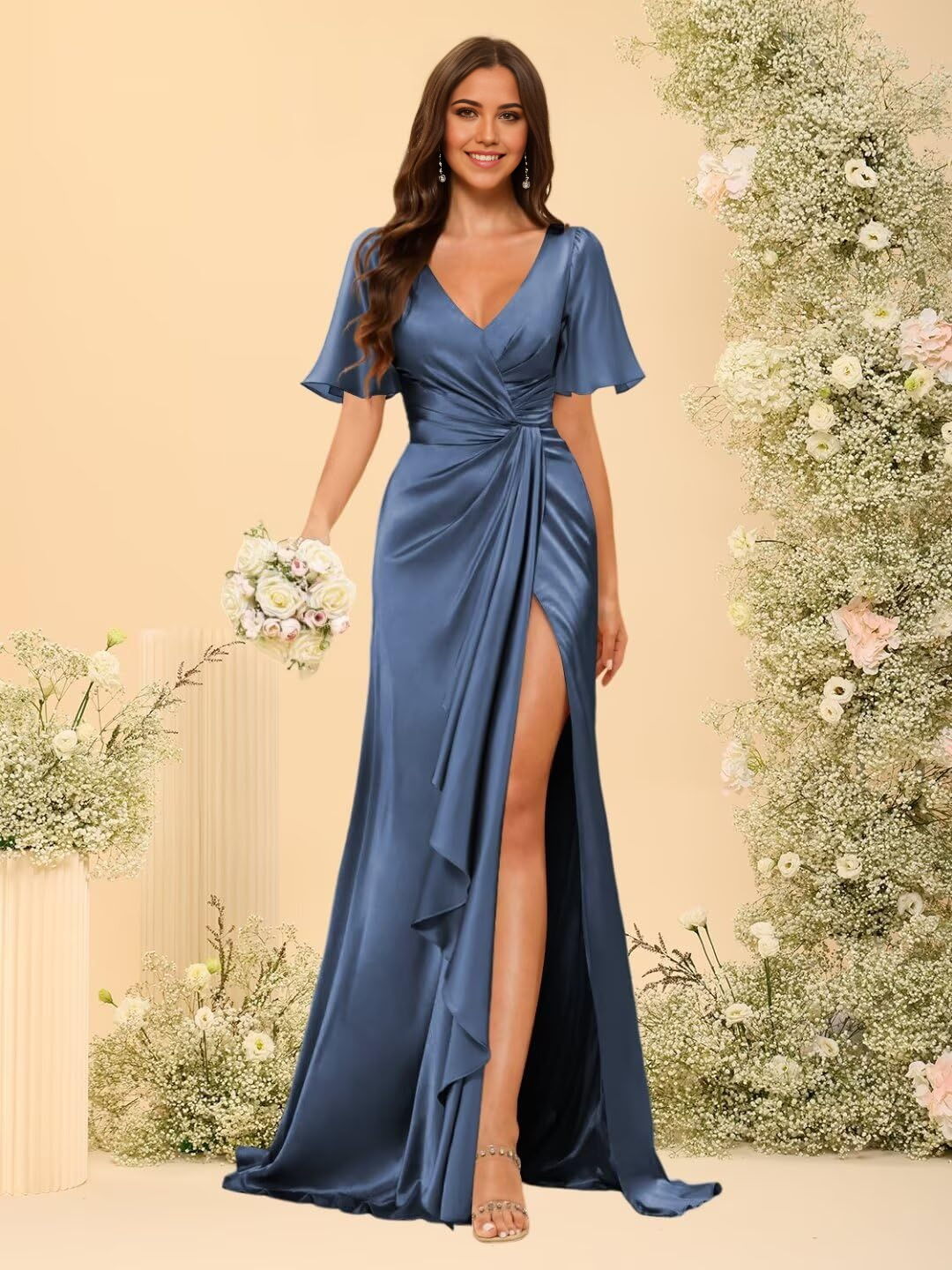 A-line V Neck Sleeves Long Ruched Satin formal dresses evening gown Prom Dress with Slit