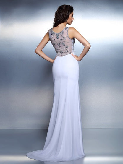 Trumpet/Mermaid Bateau Beading Sleeveless Long Chiffon Dresses