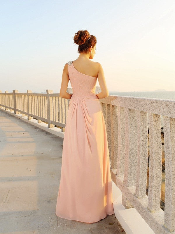 A-Line/Princess One-Shoulder Beading Sleeveless Long Chiffon Dresses