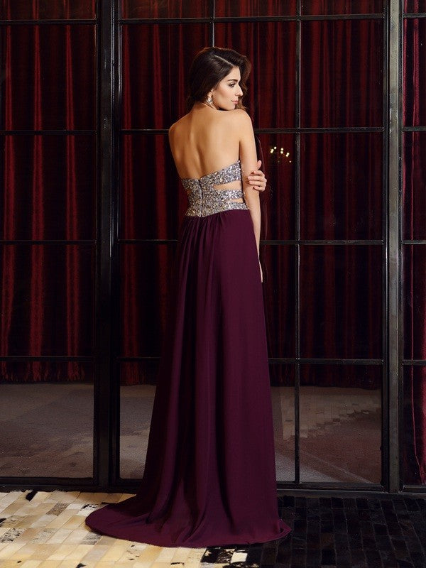 Vestidos largos de gasa sin mangas con escote corazón y cuentas, corte princesa/corte A