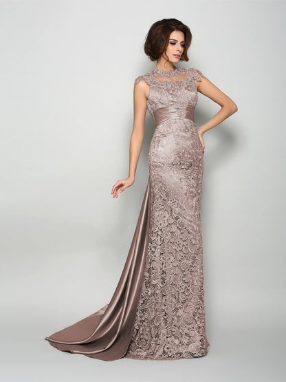 Vestidos de madre de la novia de satén tejido elástico, largos, sin mangas, con cuello alto y corte princesa