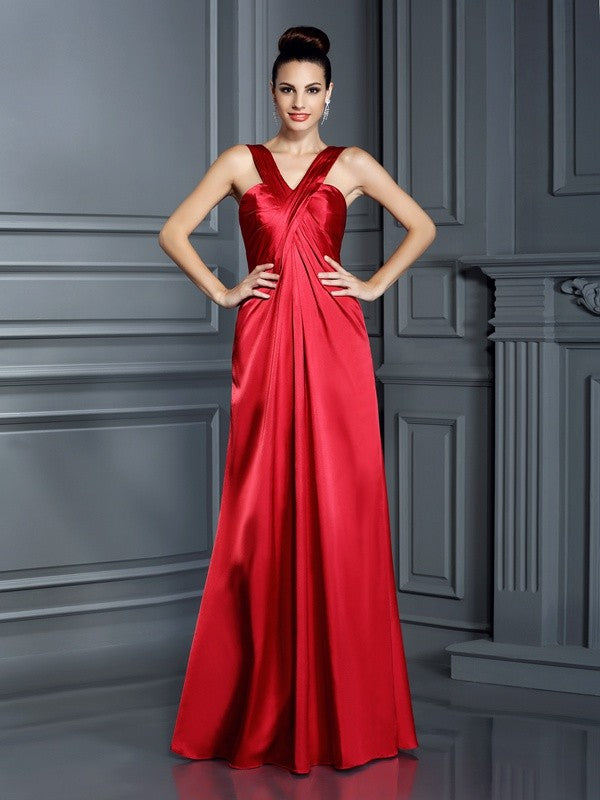 A-Line/Princess Straps Sleeveless Long Elastic Woven Satin Bridesmaid Dresses
