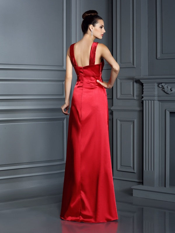 A-Line/Princess Straps Sleeveless Long Elastic Woven Satin Bridesmaid Dresses