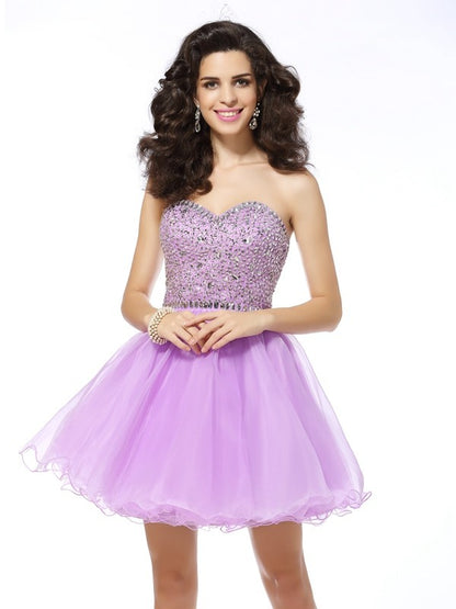 Vestidos de cóctel cortos de organza sin mangas con escote corazón y volantes de corte A/princesa