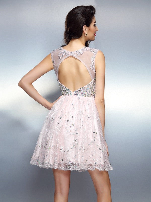 A-Line/Princess Bateau Beading Sleeveless Short Satin Cocktail Dresses