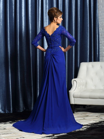 Vestidos largos de gasa para madre de la novia, corte A/princesa, escote en V, apliques, mangas 3/4