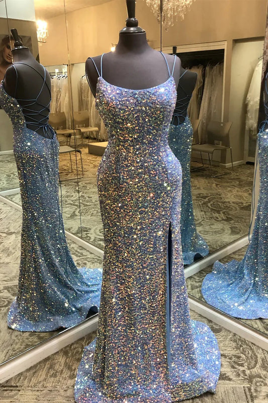 Mermaid Spaghetti Straps Sequins Long Prom Dress with Criss Cross Back