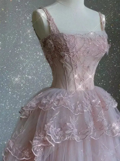 A-line Elegant tulle lace long pink formal dresses Bridesmaid Dresses evening gown Prom Dress