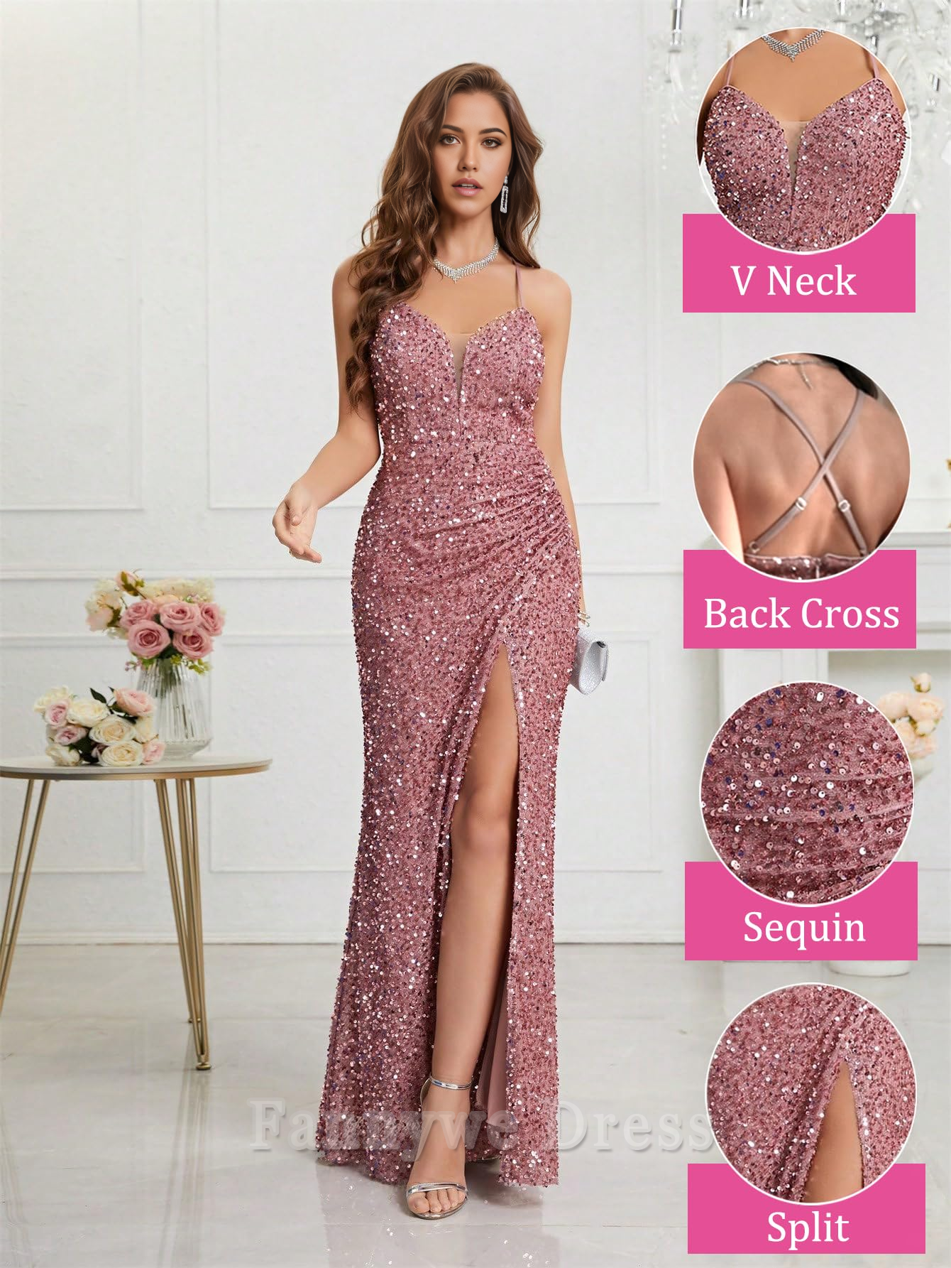 Mermaid V-Neck Spaghetti Straps Bodycon Sequin formal dresses Bridesmaid Dresses evening gown Prom Dress