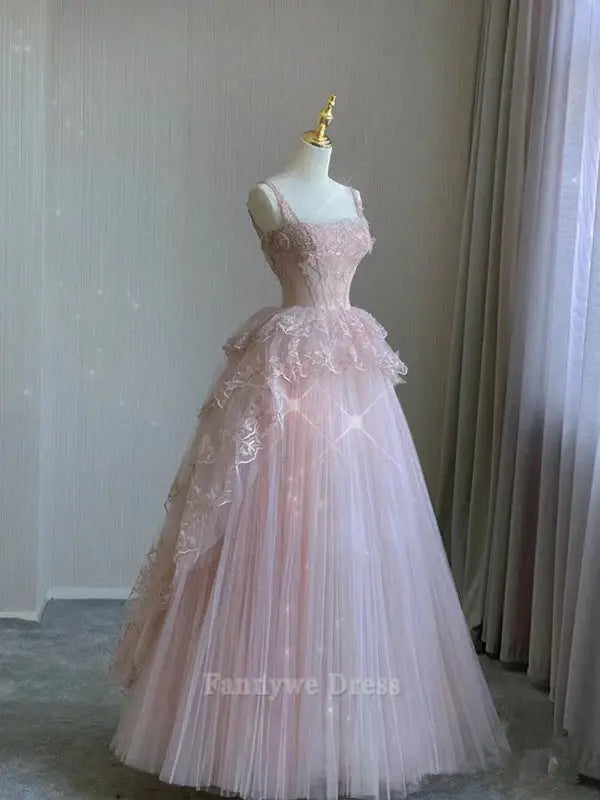 A-line Elegant tulle lace long pink formal dresses Bridesmaid Dresses evening gown Prom Dress