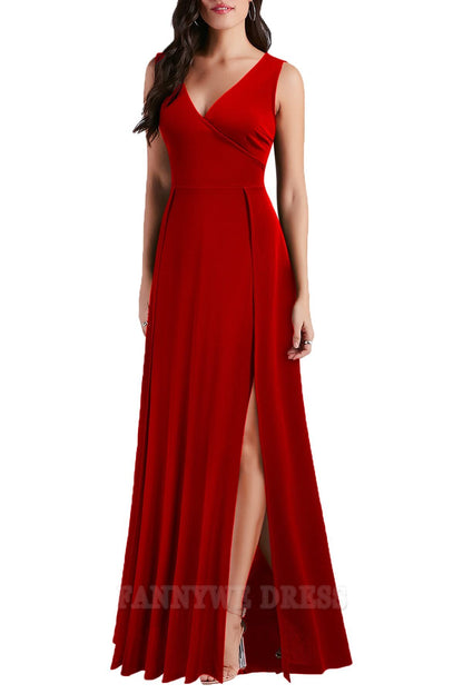 A-Linie V-Ausschnitt Ärmellose Abendkleider Brautjungfernkleider Abendkleid Ballkleid mit Schlitz 