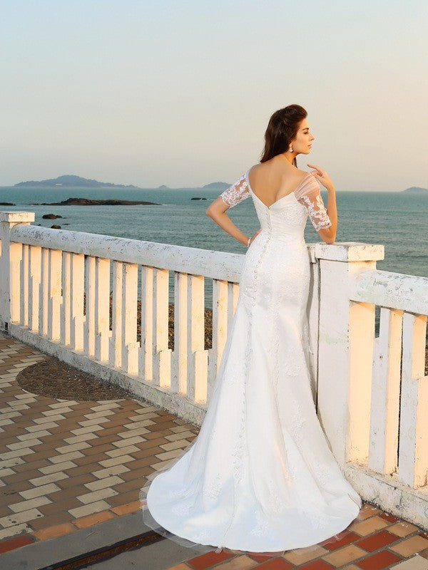 Vestido de novia largo de satén para playa, con escote en forma de corazón, apliques y mangas cortas