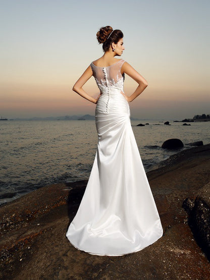 Trumpet/Mermaid Scoop Beading Sleeveless Long Satin Beach Wedding Dresses