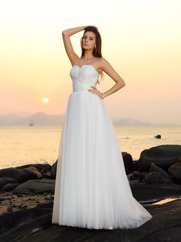 Vestidos de novia de playa de corte A/princesa, escote corazón, sin mangas, de red larga