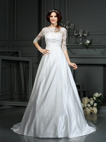 A-Linie/Princess-Linie Bateau-Ausschnitt Spitze 1/2 Ärmel Lang Satin Brautkleider