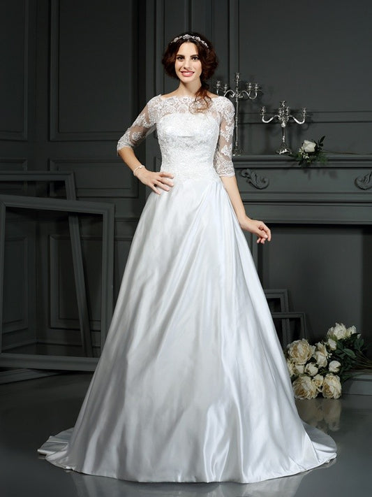 A-Linie/Princess-Linie Bateau-Ausschnitt Spitze 1/2 Ärmel Lang Satin Brautkleider