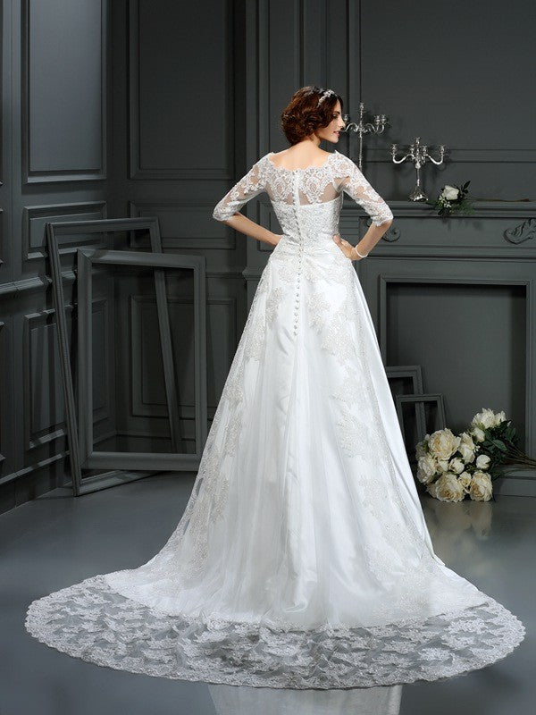 A-Linie/Princess-Linie Bateau-Ausschnitt Spitze 1/2 Ärmel Lang Satin Brautkleider