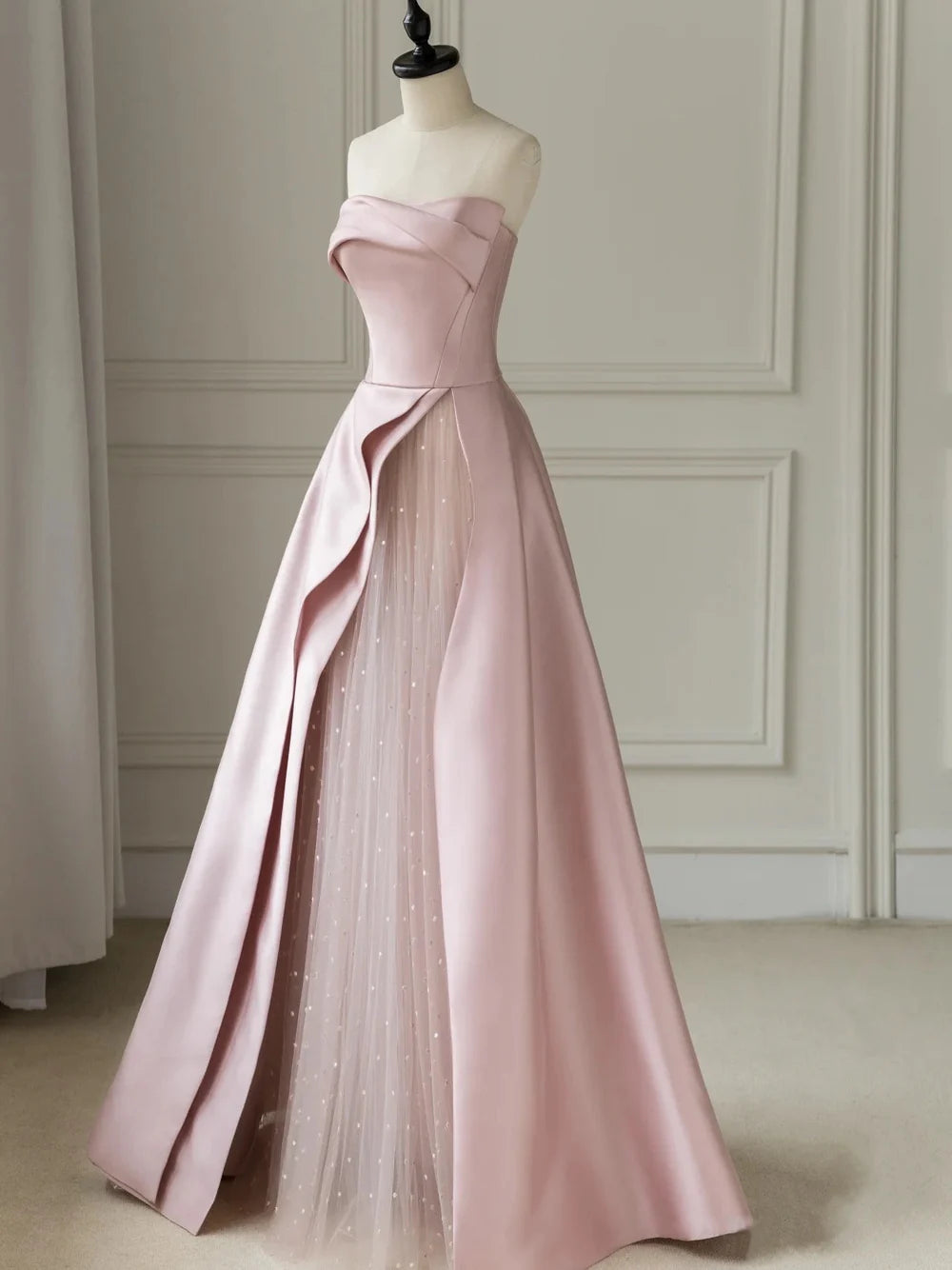 A-Line Sleeveless Tulle Satin Floor-Length Strapless Prom Dress Evening Gown with Slit