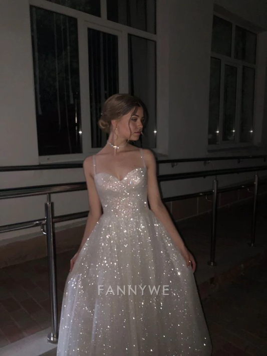 A-Linie Glänzende Spaghettiträger Lange Abendkleider Brautjungfernkleider Abendkleid Ballkleid