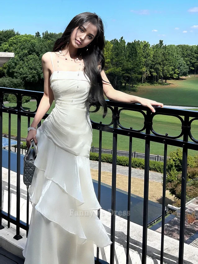 A-Line Spaghetti Straps Chiffon White Long formal dresses Bridesmaid Dresses evening gown Prom Dress