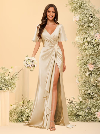A-Linie V-Ausschnitt Ärmel Lange geraffte Satin Abendkleider Abendkleid Ballkleid mit Schlitz 