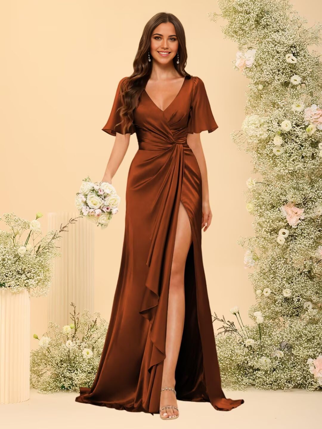 A-line V Neck Sleeves Long Ruched Satin formal dresses evening gown Prom Dress with Slit