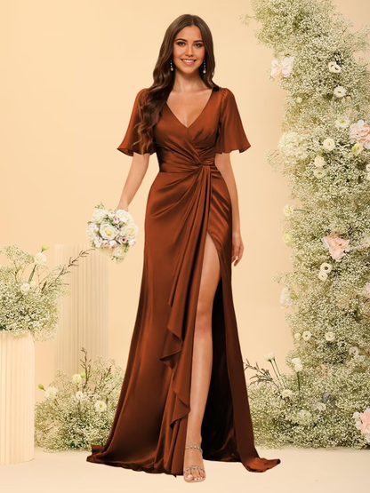 A-Linie V-Ausschnitt Ärmel Lange geraffte Satin Abendkleider Abendkleid Ballkleid mit Schlitz 