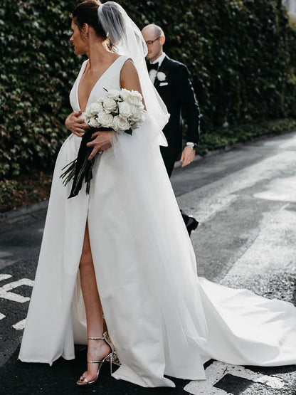 A-line Stunning V-Neck V Back Satin Straps Ivory Wedding Dresses Bridal Gowns with Pockets