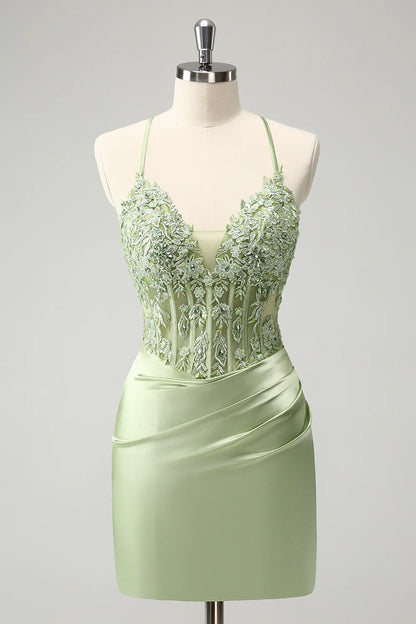 Glitter Spaghetti Straps Beaded Appliques Tight Corset Homecoming Dress