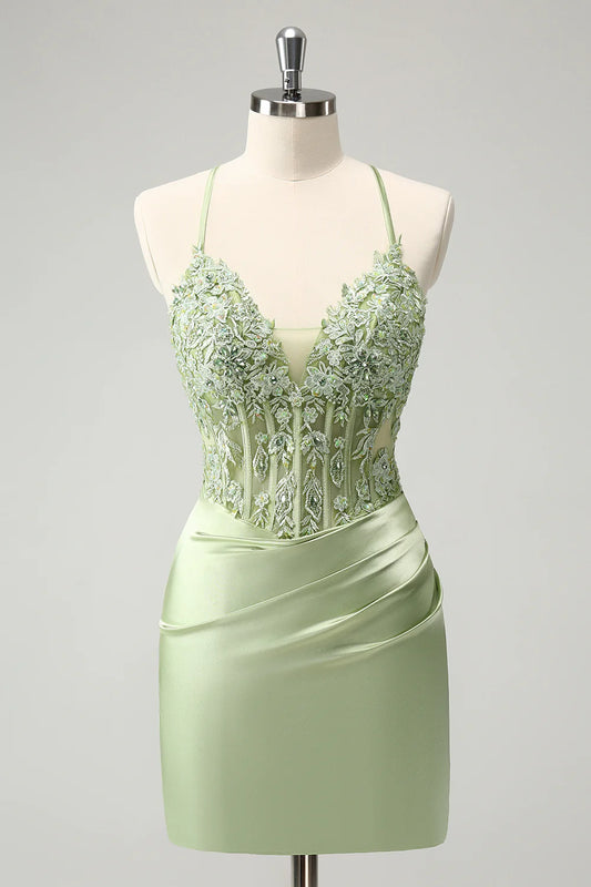 Glitter Spaghetti Straps Beaded Appliques Tight Corset Homecoming Dress