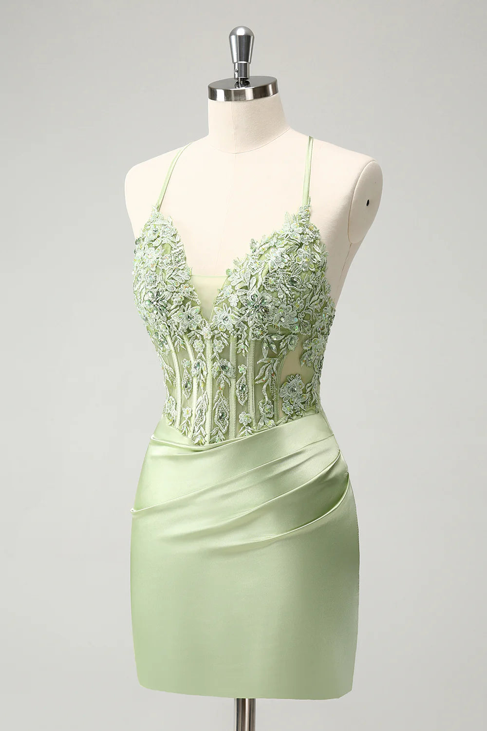 Glitter Spaghetti Straps Beaded Appliques Tight Corset Homecoming Dress