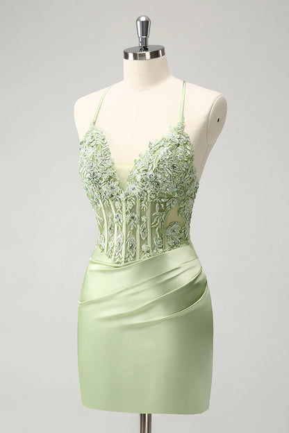 Glitter Spaghetti Straps Beaded Appliques Tight Corset Homecoming Dress