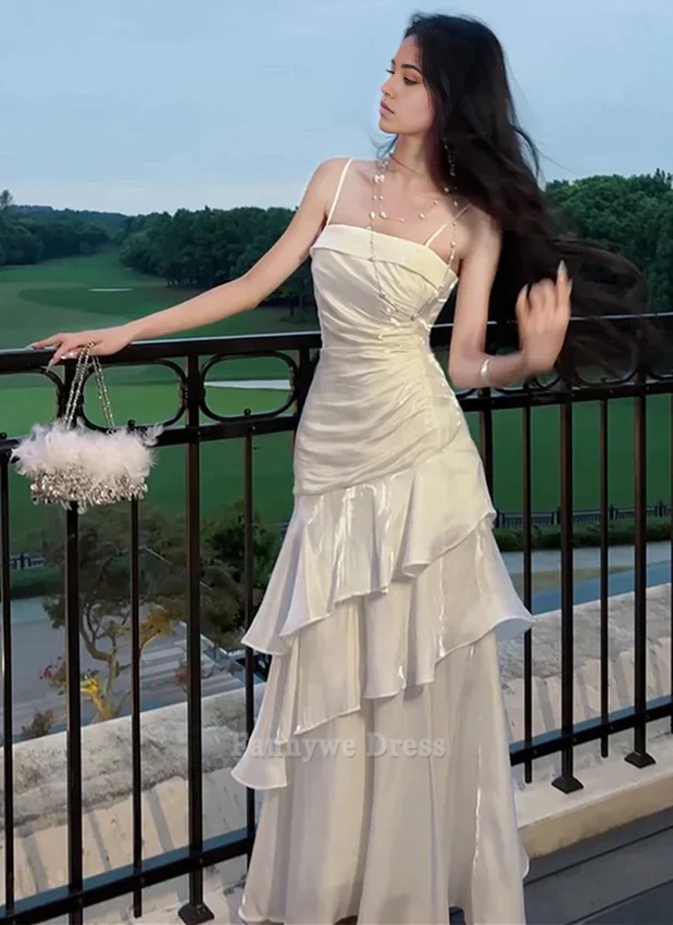 A-Line Spaghetti Straps Chiffon White Long formal dresses Bridesmaid Dresses evening gown Prom Dress