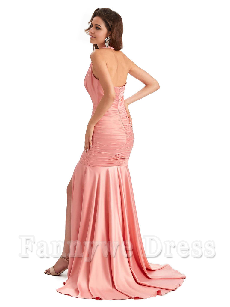 Mermaid Halter V-neck Satin formal dresses evening gown Bridesmaid Dresses With Side Slit