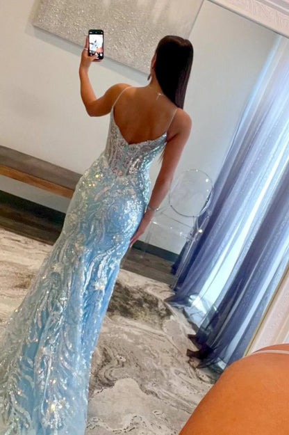 Mermaid Straps V-Neck Sequin Appliques Prom Dress