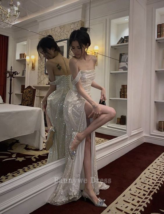 Mermaid Shinny One Shoulder formal dresses Bridesmaid Dresses evening gown Prom Dress With High Slit