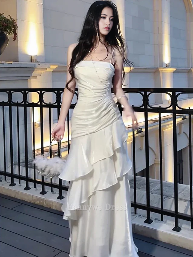 A-Line Spaghetti Straps Chiffon White Long formal dresses Bridesmaid Dresses evening gown Prom Dress