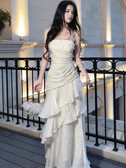 A-Line Spaghetti Straps Chiffon White Long formal dresses Bridesmaid Dresses evening gown Prom Dress