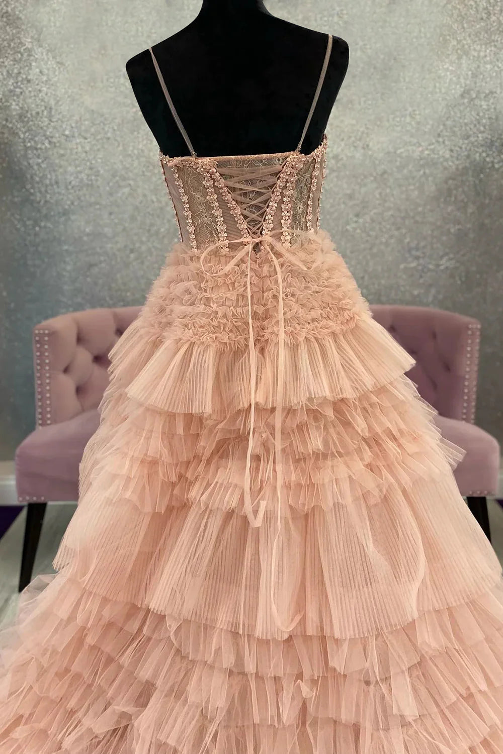 A Line Spaghetti Straps Corset Prom Dress with Ruffles