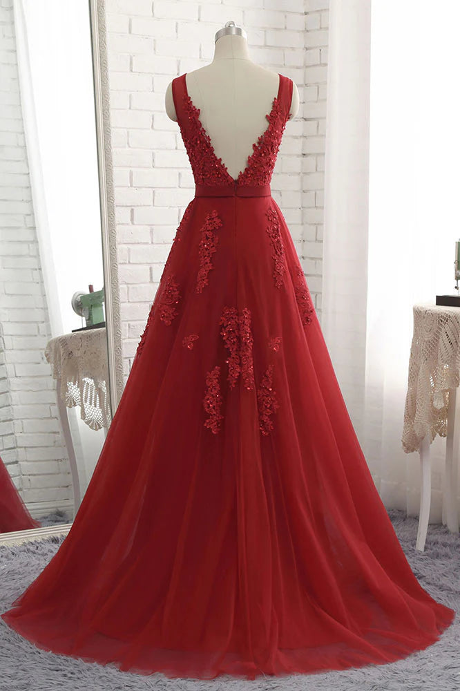 V neck tulle lace applique long prom dress