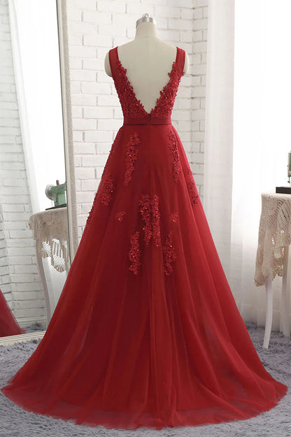 V neck tulle lace applique long prom dress