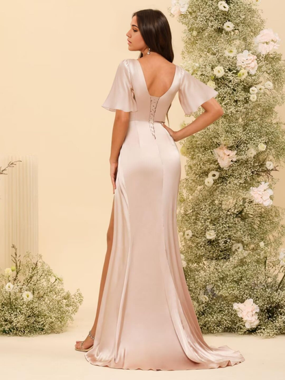A-Linie V-Ausschnitt Ärmel Lange geraffte Satin Abendkleider Abendkleid Ballkleid mit Schlitz 