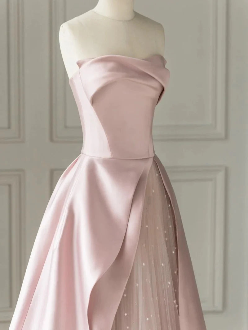 A-Line Sleeveless Tulle Satin Floor-Length Strapless Prom Dress Evening Gown with Slit