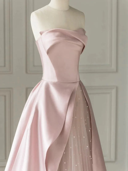 A-Line Sleeveless Tulle Satin Floor-Length Strapless Prom Dress Evening Gown with Slit