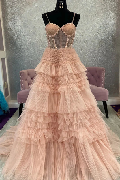 A Line Spaghetti Straps Corset Prom Dress with Ruffles