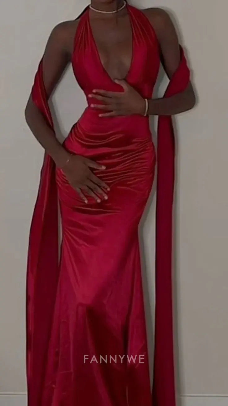 Mermaid sexy elegant V neck long satin Red formal dresses Bridesmaid Dresses evening gown Prom Dress