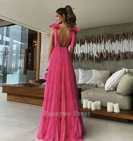 A-line V-Neck Backless Pink formal dresses Bridesmaid Dresses evening gown Prom Dress