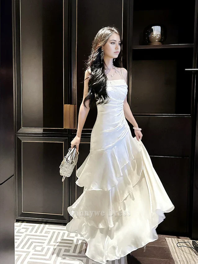A-Line Spaghetti Straps Chiffon White Long formal dresses Bridesmaid Dresses evening gown Prom Dress