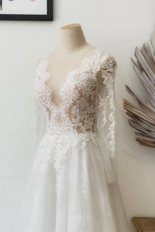 A-Line Crew Neck Lace Wedding Dress