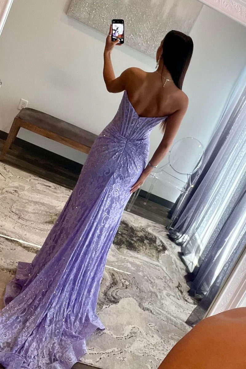 Vestido de fiesta de sirena sin tirantes, con encaje fruncido y abertura